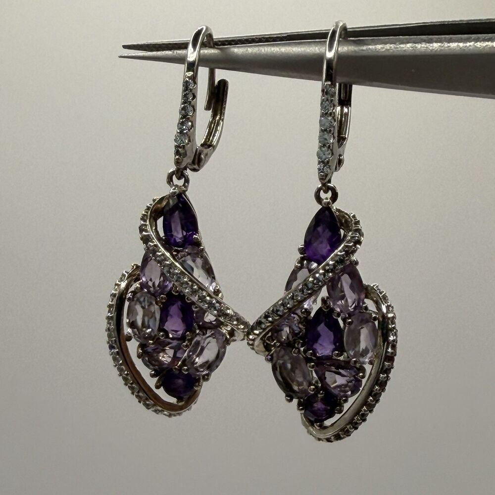 925 Sterling Silver Amethyst Purple Gemstone Dangle Leverback Earrings